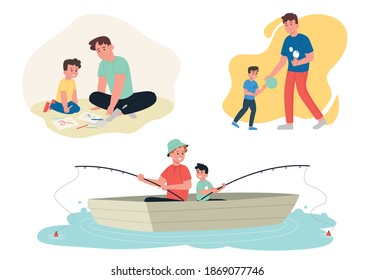 Father and son, set of cartoon vector illustrations. Dad and son draw, play ball and fish on the boat