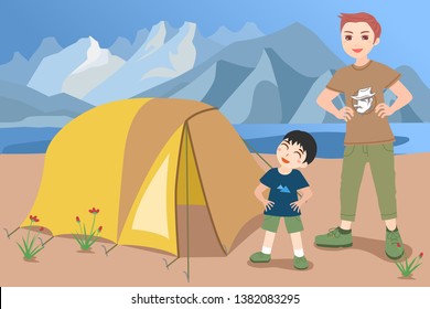 Father And Son Set Up The Tent Together.Camping Concept Illustration. Esp 10.