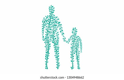 
father and son shaking hands. Figure made of branches and leaves of tree. Nature and family