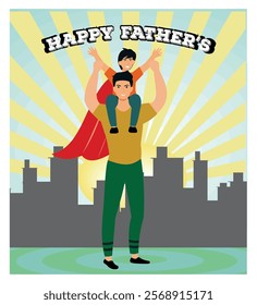 Father and son sharing fun moments together, symbolizing family love, joy, and appreciation during Father's Day celebrations. The vibrant cityscape and playful poses emphasize the festive spirit.  
