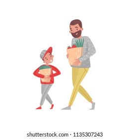 Father and son with shopping bags. Bearded man and little boy carrying paper bags with groceries. Flat vector illustration