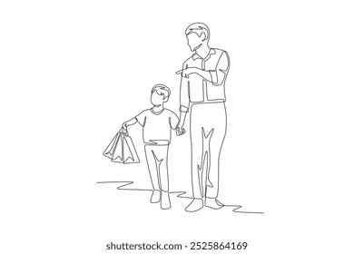 Compras de padre e hijo. Compras con dibujo de una línea de concepto familiar