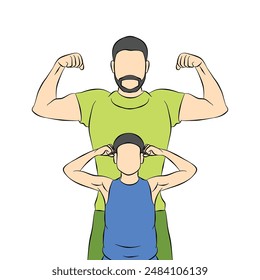 Father and son showing muscles flat illustration, Father's day