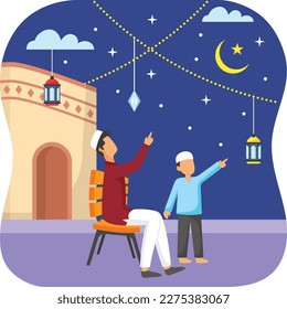 Father and Son Sighting the Crescent Moon concept, vector icon Design, Ramazan and Eid al-Fitr Symbol, Islamic and Muslims fasting Sign, Arabic holidays celebration stock illustration