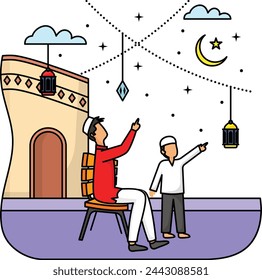 Father and Son Sighting the Crescent Moon concept, vector colorline Design, Ramadan and Eid al-Fitr Symbol, Islamic and Muslims fasting Sign, Arabic holidays celebration stock illustration