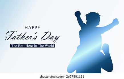 Father and son silhouette with blue background. Happy Father's day greeting illustration. Cartoon child sitting on father shoulder. Young man walking with father. Fatherhood lifestyle.