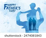 Father and son silhouette with blue watercolor background. Happy Father