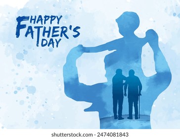 Father and son silhouette with blue watercolor background. Happy Father's day greeting illustration. Cartoon child sitting on father shoulder. Young man walking with father. Fatherhood lifestyle.