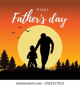 Father and son silhouette, family love vector illustration. Concept illustration of bonding from teaching son to ride a bike, through flat cartoon illustration, conveying love from father to son.