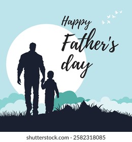 Father and son silhouette, family love vector illustration, father and son bonding concept illustration, holding hands in a flat cartoon, conveying love from father to son.
