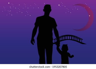 father  with  son Silhouette look  at moon in night time vector design