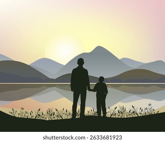 Father and son. Silhouette of people against the background of a river mountain landscape and sunrise or sunset. Father's day card design