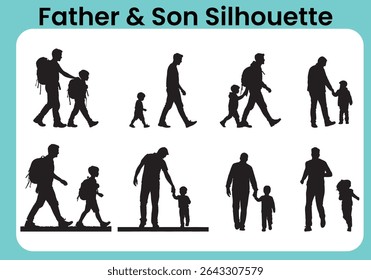 Father and Son Silhouette Set, Dad and Son Silhouette, Family Silhouettes of Father with Son, father, son, silhouette, family, dad, child, parenting, love, care, walk, together, holding, relationship
