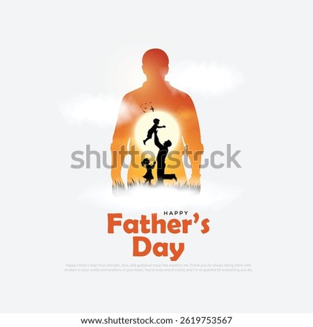 Father and son silhouette with sunset background. Happy Father's day greeting illustration. Paper cut design of father. Child walking with his father. Fatherhood lifestyle.