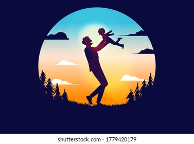 Father And Son Silhouette Vector Illustration. Man Lifting Up Kid With Sky, Clouds And Forest In Background. Parenting Concept.