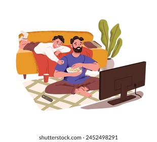 Padre e hijo se sientan frente a la televisión, viendo películas, filmando en casa juntos. Papá con su hijo, el niño come palomitas. La familia pasa tiempo en la sala de estar. Ilustración vectorial aislada plana sobre fondo blanco