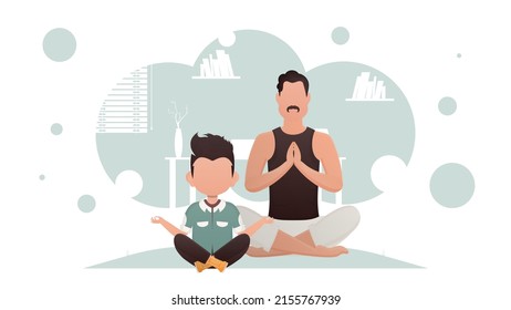 Father and son sit in the lotus position. Yoga. Cartoon style. Vector illustration