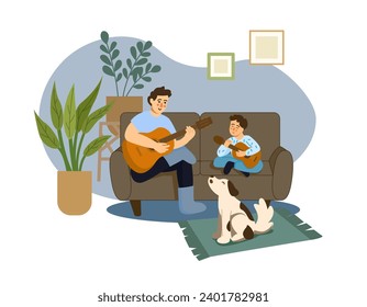 father and son sit on the couch at home and play guitars. a dog sits next to them and sings along. concept of fatherhood, parenthood