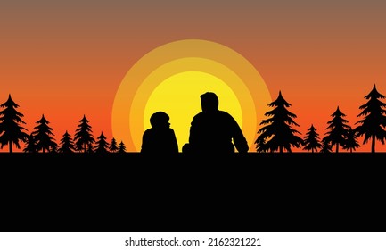 Father and son sit at sunset time flat design 