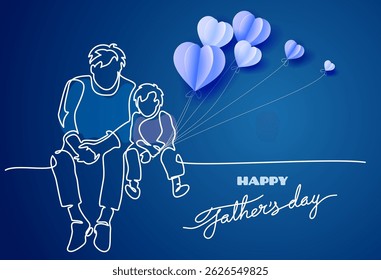 Father and son sit together and talk. Continuous one line drawing. Fathers day card. Vector illustration.