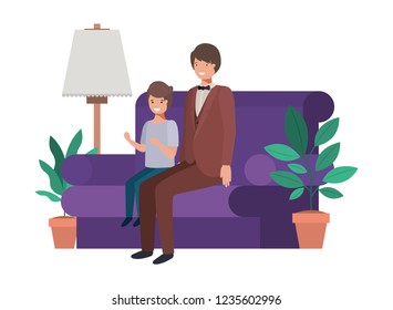 father and son sitting in couch avatar character