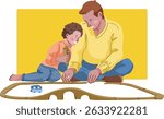 Father and son sitting next to each other and playing with a railroad. Vector illustration. Perfect for banner, poster and postcard.