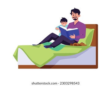 Father and son sitting on bed and reading book, flat vector illustration isolated on white background. Little boy and his father reading bedtime stories together.