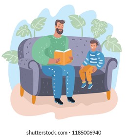 Father and son sitting on couch. Dad reading a book to his little boy. They sitting on sofa. Child's education. Fatherhood. Vector cartoon illustration in modern concept