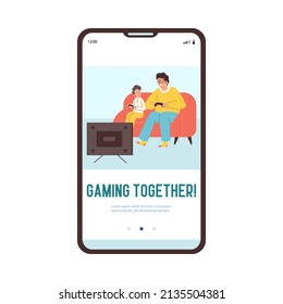 Father and son sitting on couch with joysticks in front of TV, onboarding screen template flat vector illustration. User interface design with concept of family playing video games together.