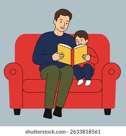 A father and son are sitting on a red couch, reading a book together. The illustration depicts a moment of bonding.