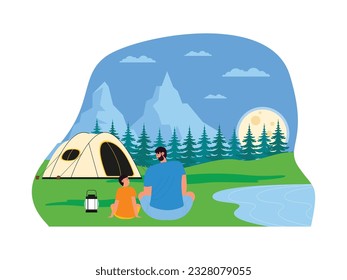 Father and son sitting outside tent, chatting together at night, camping vector illustration.