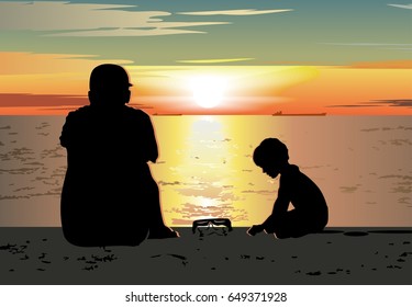 Father and son sitting together on the beach and watching sunset. Available eps-10 vector format separated by groups and layers.
