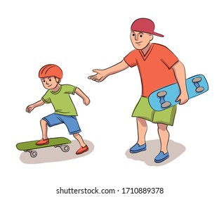 Father And Son Skateboarder. Dad And Child Having Fun Together Riding Skateboard. Daddy Teaching Kid To Move On Board. Happy Family Isolated On White Background. Outdoor Activity And Leisure