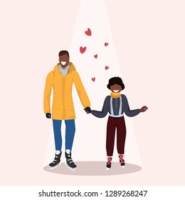 father and son skating ice rink african american family wearing winter clothes holding hands holiday activities concept male cartoon characters full length flat