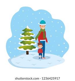 father and son in snowscape
