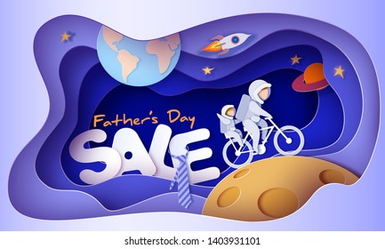 Padre e hijo en trajes espaciales montando bicicleta en la Luna. Feliz tarjeta de venta del día del padre. Estilo de corte de papel. Ilustración del vector