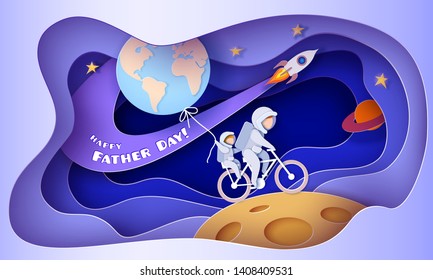 Father and son in space suits riding bike on the Moon. Happy father's day card. Paper cut style. Vector illustration