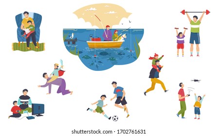 Father and son spend time together, happy people isolated set, cartoon character vector illustration. Parent and kid fun leisure, dad plays with son. Father enjoys family weekend, man fishing with boy