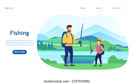 Father and son spend time together. Family fishing. Active lifestyle, sports, local tourism, leisure. Happy childhood. Colorful Illustration suitable for landing page or banner for website.Flat Vector