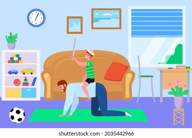 Father son spend time together, vector illustration. Family man child people character have fun at home, happy parent give horseback ride little kid.