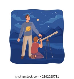 Father and son spend time together outdoors, watching through telescope. Starry sky and universe, galaxy and celestial bodies exploration. Flat cartoon character, vector illustration