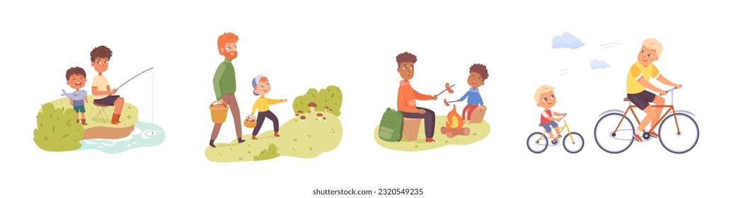 Father and son spend time together set vector illustration. Cartoon dad and happy boy play outdoor, family characters fishing, picking forest mushrooms, riding bikes and cooking sausages on picnic