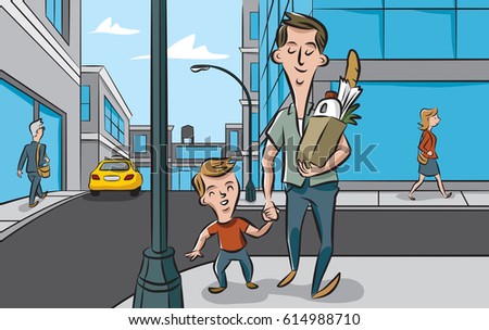 A father and son spend time together shopping and running errands.