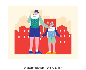 Father and son spending time exploring together, family vector illustration.