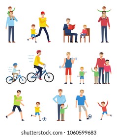 Father and son spending time together. Man with his son playing football, running, riding bikes, reading, having fun. Flat design vector illustration