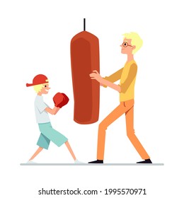 Vater und Sohn verbringen Zeit zusammen im Fitnessraum und trainieren Steine für Boxtraining. Eltern und Kinder in Sportbekleidung engagiert Sport. Vatertag. Flache Vektorgrafik.