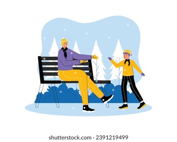 Father and son spending time together in the park, snow falling as winter comes, vector illustration.