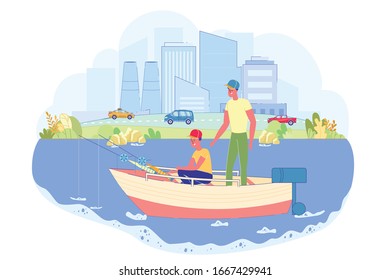 Father and Son Spends Time Together on River. Man and Child Strengthen Family Ties, they Went out to Fish on Boat on Sunny Day off. In Background is Big City, Road and Moving Vehicles.