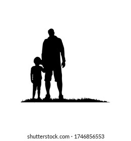
father and son stand on the grass, silhouette vector