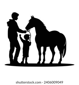 Father and son standing with horse black silhouette 